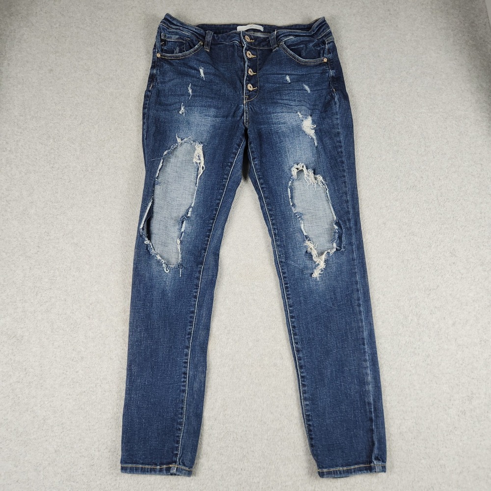 KanCan Jeans Womens 13/30 Blue Denim High Rise Distressed Skinny Leg Button Fly